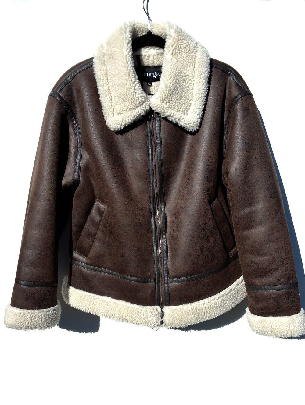 George Faux Leather Shearling Aviator Jacket - Brown/Cream (Size S)